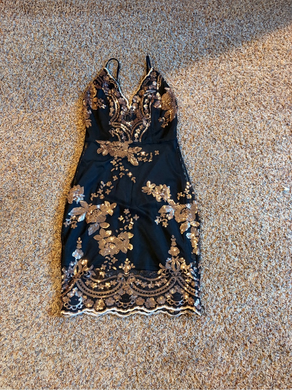 Black Dress with Gold Floral Sequin Embroidery